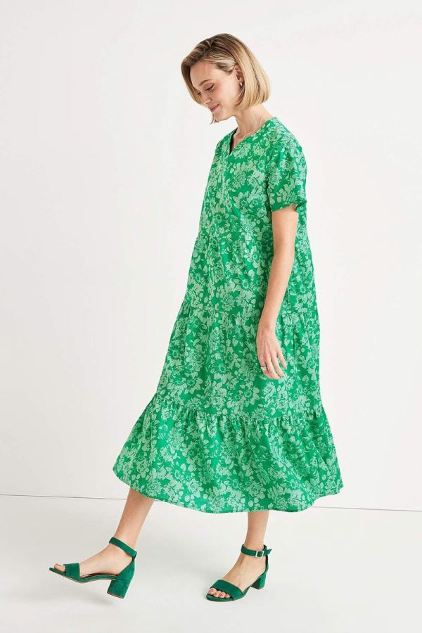 Maxi cotton φόρεμα με βολάν στο τελείωμα σε πράσινο χρώμα 