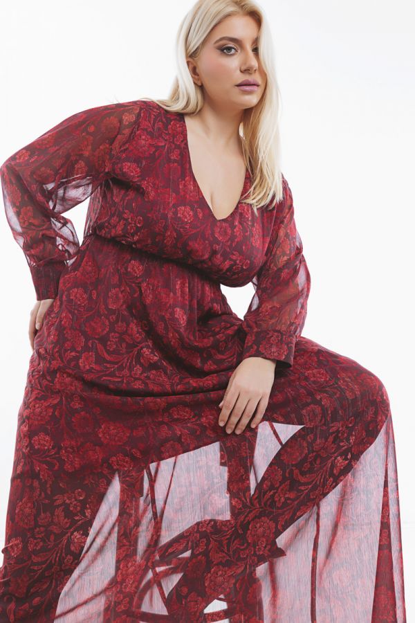 Maxi εμπριμέ φόρεμα με lurex σε κόκκινο χρώμα