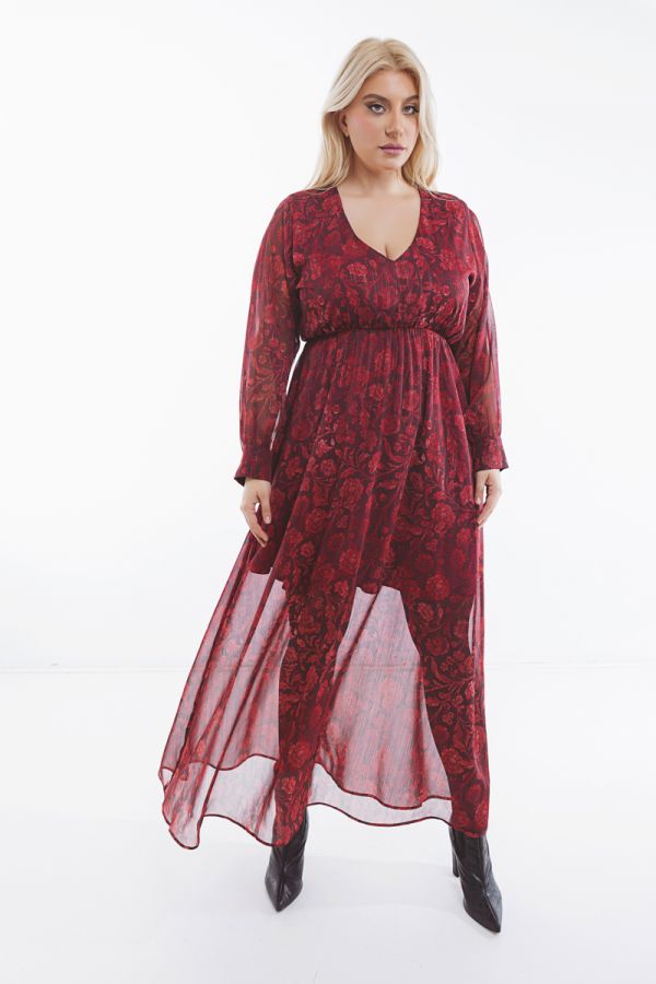 Maxi εμπριμέ φόρεμα με lurex σε κόκκινο χρώμα