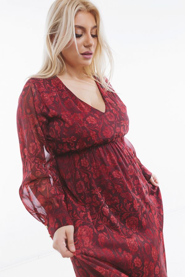 Maxi εμπριμέ φόρεμα με lurex σε κόκκινο χρώμα
