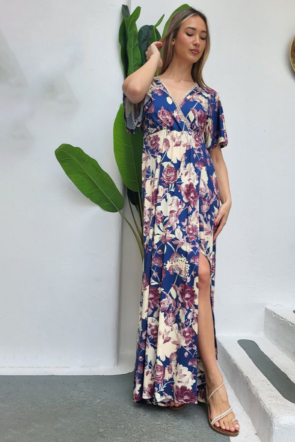 Maxi floral φόρεμα κρουαζέ σε κίτρινο/μπλε χρώμα