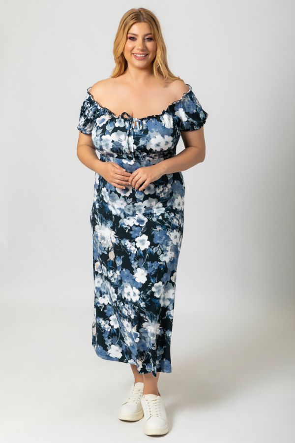 Maxi floral φόρεμα με έξω τους ώμους σε λευκό/μπλε χρώμα