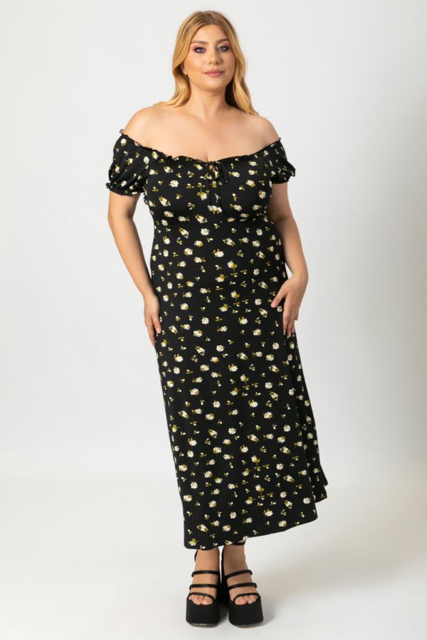 Maxi floral φόρεμα με έξω τους ώμους σε μαύρο/κίτρινο χρώμα