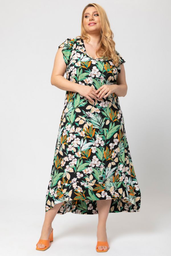 Maxi floral φόρεμα με βολάν στο μανίκι σε μαύρο χρώμα 1xl 2xl 3xl 4xl 5xl 