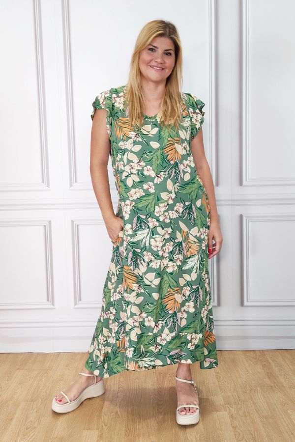 Maxi floral φόρεμα με βολάν στο μανίκι σε πράσινο χρώμα