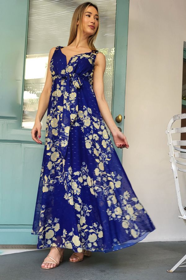 Maxi floral φόρεμα με ζώνη σε ρουά χρώμα σε μεγάλα μεγέθη