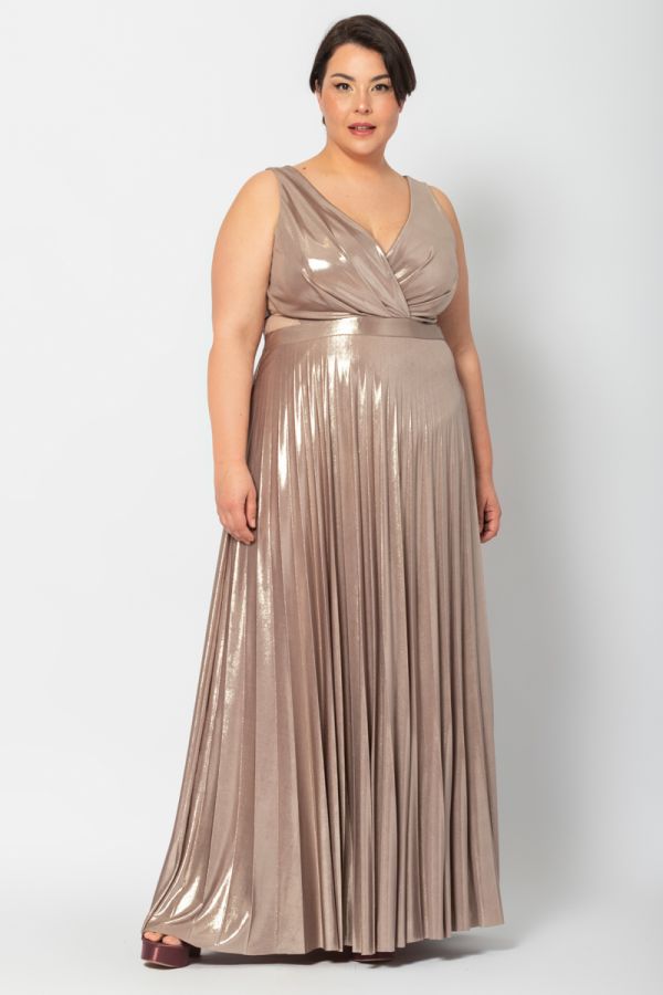 Maxi φόρεμα κρουαζέ πλισέ σε χρυσό χρώμα 1xl 2xl 3xl 4xl 5xl 
