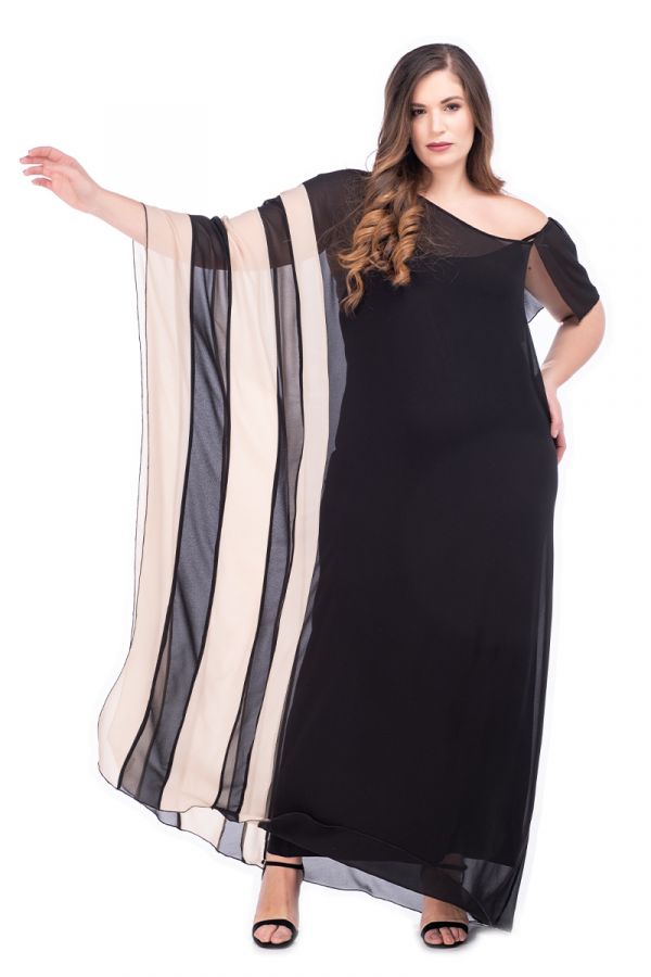 Maxi φόρεμα με διχρωμίες και ζώνη σε μαύρο χρώμα 