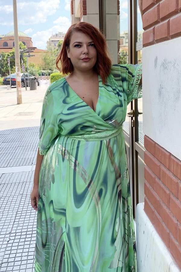 Maxi φόρεμα με μεταλιζέ σχέδιο σε λαχανί χρώμα 1xl,2xl,3xl,4xl,5xl