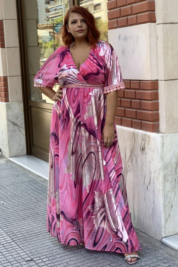 Maxi φόρεμα με μεταλιζέ σχέδιο σε ροζ χρώμα