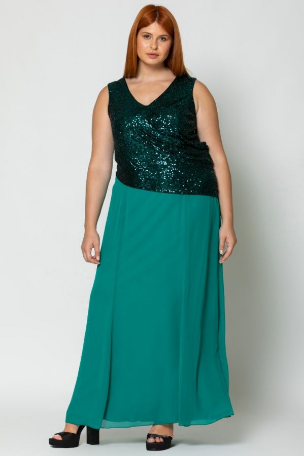 Maxi φόρεμα με παγιέτα στο μπούστο σε πράσινο χρώμα