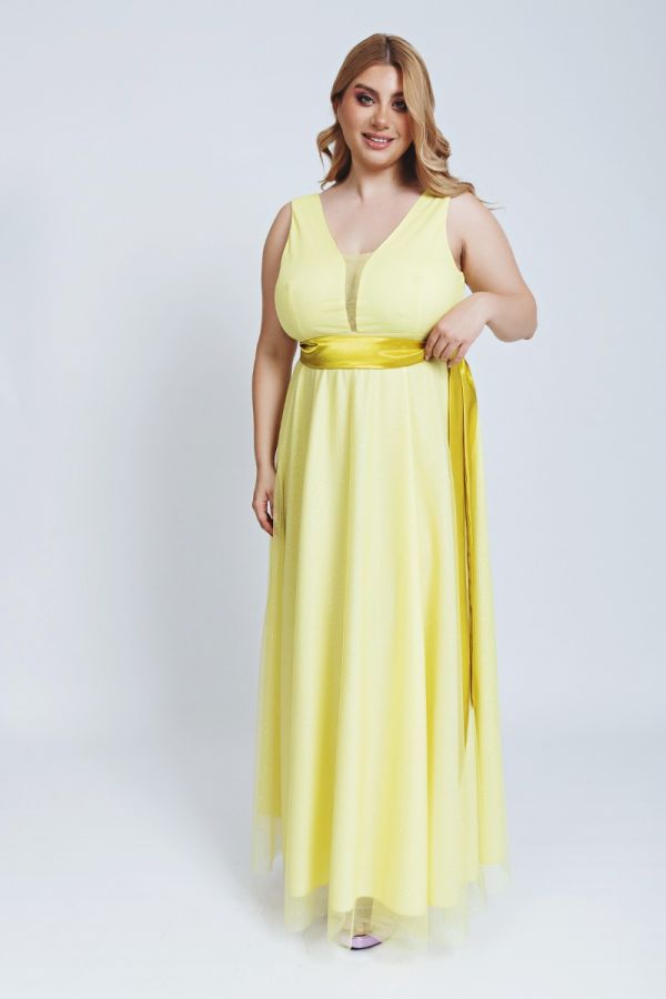 Maxi φόρεμα με τούλι και glitter σε κίτρινο χρώμα 1xl 2xl 3xl 4xl 5xl 