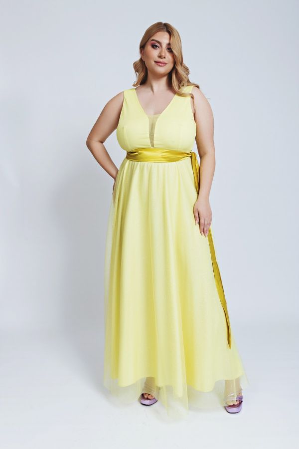 Maxi φόρεμα με τούλι και glitter σε κίτρινο χρώμα 1xl 2xl 3xl 4xl 5xl 