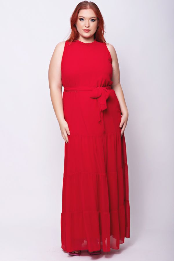 Maxi φόρεμα με ζώνη και βολάν τελείωμα σε κόκκινο χρώμα 1xl,2xl,3xl,4xl,5xl