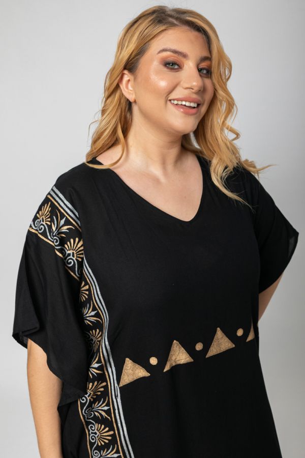 Maxi καφτάνι με χρυσά και ασημί σχέδια σε μαύρο χρώμα