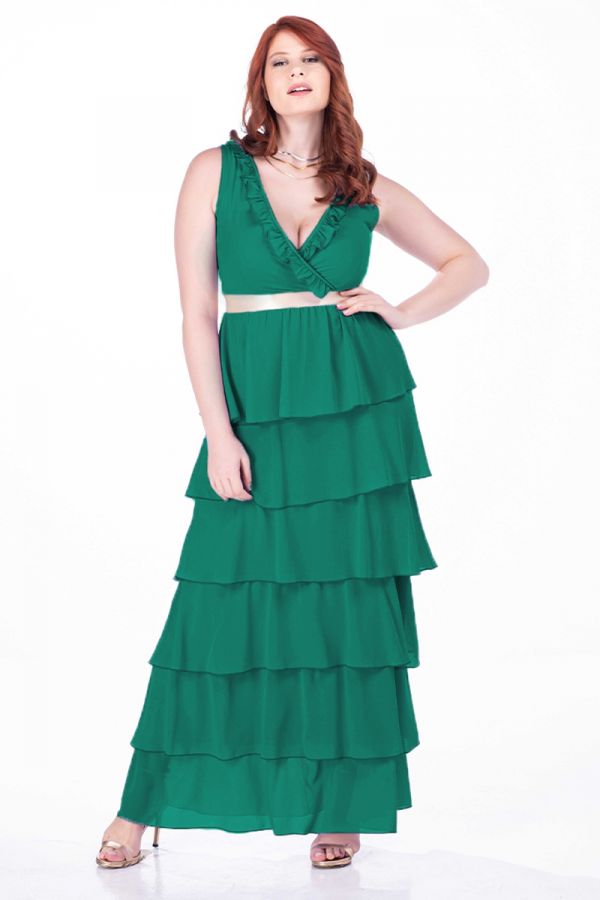 Maxi κρουαζέ φόρεμα με βολάν σε πράσινο χρώμα 