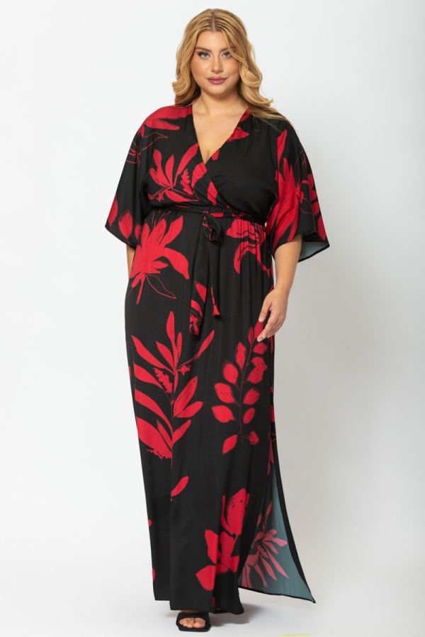 Maxi κρουαζέ φόρεμα σε μαύρο/κόκκινο χρώμα