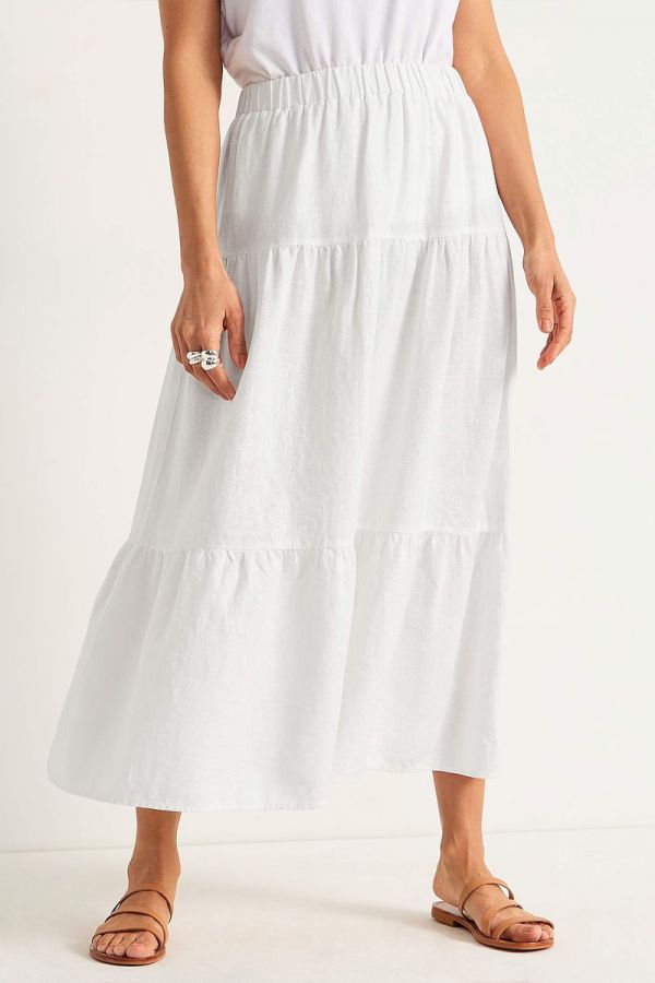 Maxi λινή φούστα με βολάν σε λευκό χρώμα