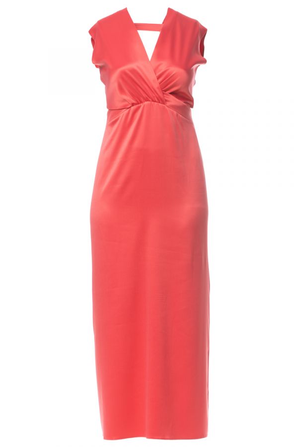 Maxi σατέν φόρεμα με άνοιγμα στη μέση σε κοραλλί χρώμα