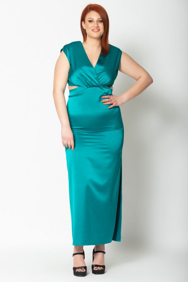 Maxi σατέν φόρεμα με άνοιγμα στη μέση σε πράσινο χρώμα