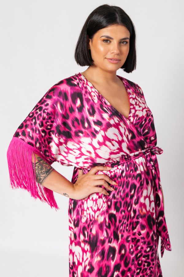 Maxi σατέν leopard φόρεμα με κρόσια σε φουξ χρώμα