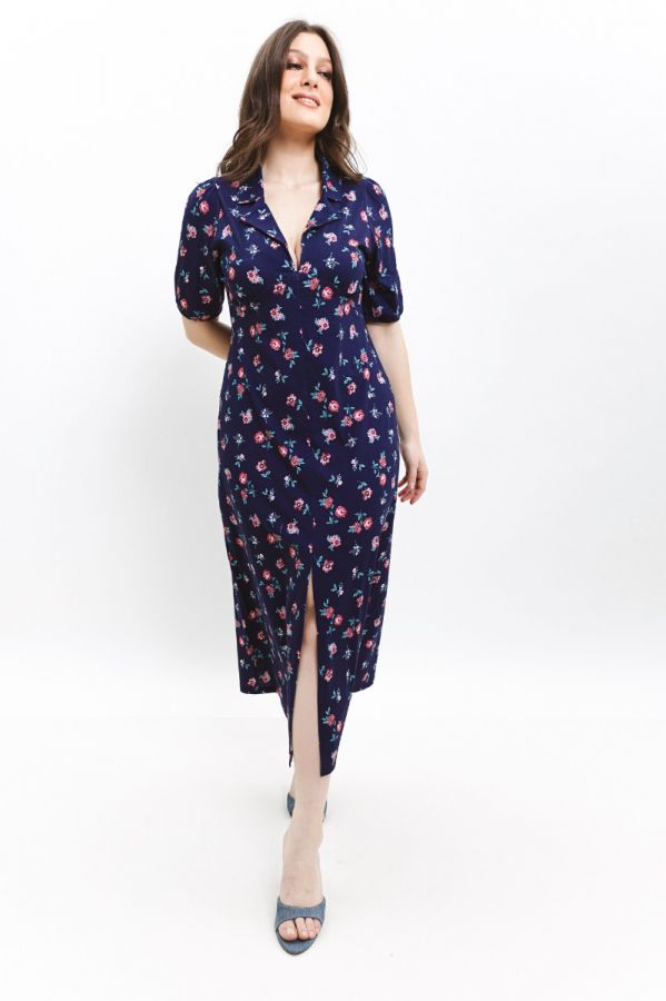 Midi floral φόρεμα με άνοιγμα μπροστά σε μπλε σκούρο χρώμα