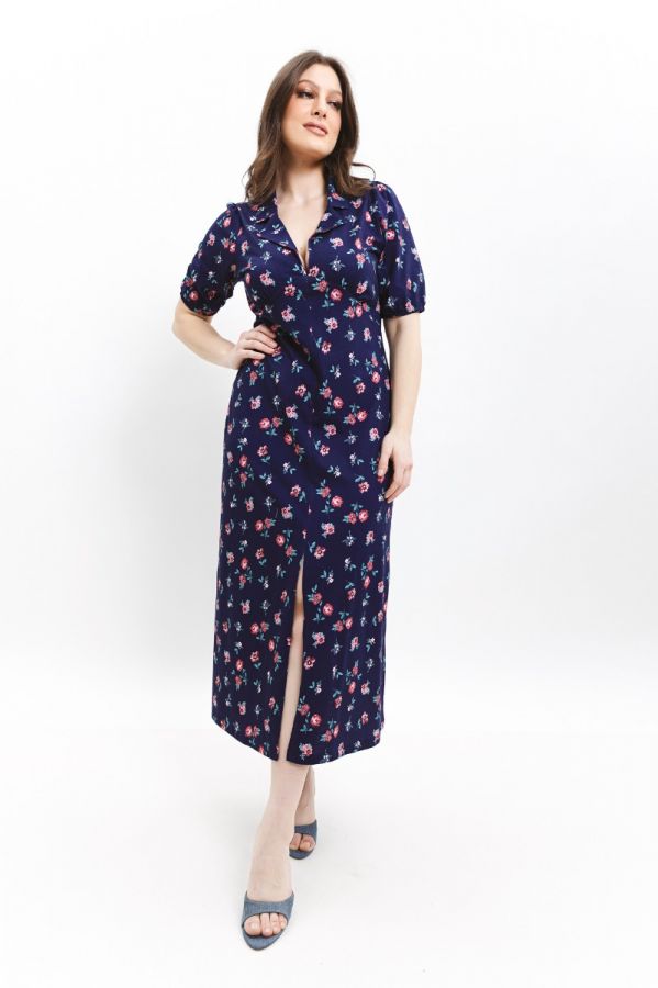 Midi floral φόρεμα με άνοιγμα μπροστά σε μπλε σκούρο χρώμα