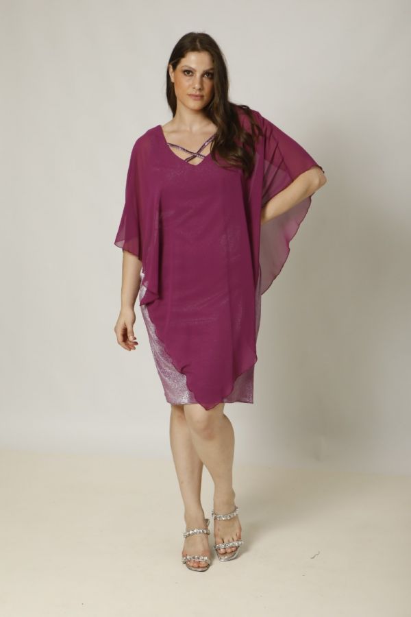 Midi φόρεμα με glitter και χιαστί λαιμόκοψη σε magenta χρώμα