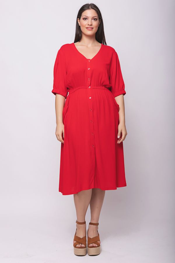 Midi φόρεμα λινό με λάστιχο στη μέση σε κόκκινο χρώμα