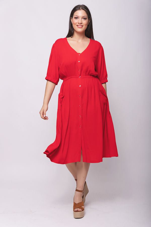 Midi φόρεμα λινό με λάστιχο στη μέση σε κόκκινο χρώμα
