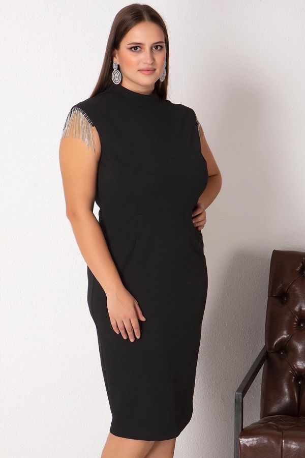 Midi φόρεμα με λεπτομέρεια στρας στον ώμο σε μαύρο χρώμα 1xl,2xl,3xl,4xl,5xl