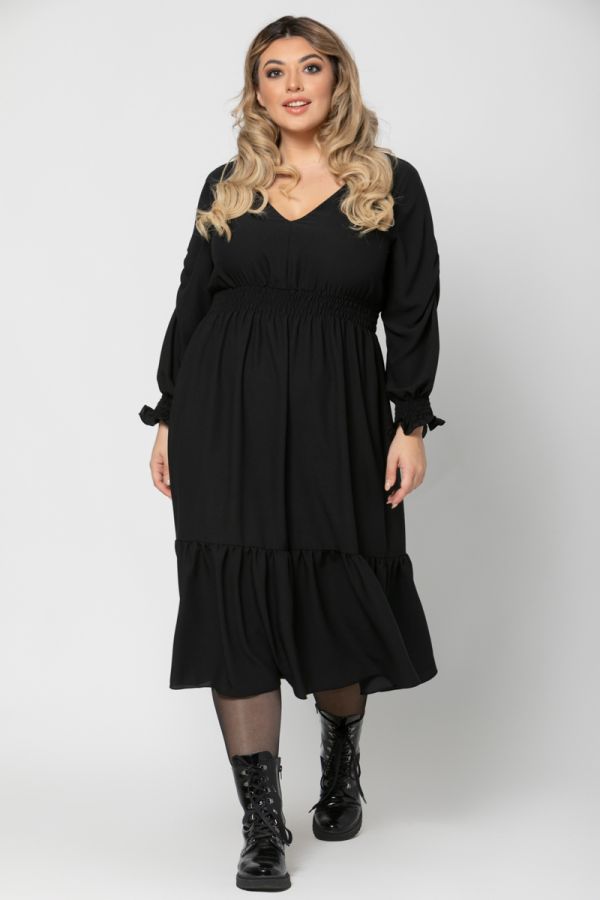 Midi φόρεμα με βολάν τελείωμα σε μαύρο χρώμα