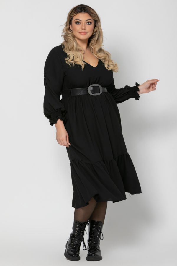 Midi φόρεμα με βολάν τελείωμα σε μαύρο χρώμα