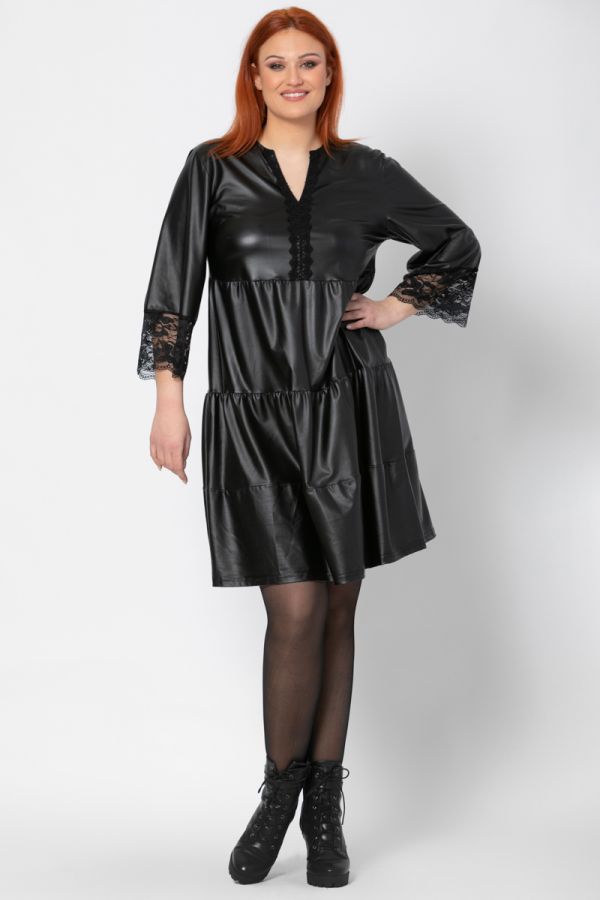 Mini leather-like φόρεμα με λεπτομέρεια δαντέλα σε μαύρο χρώμα 1xl 2xl 3xl 4xl 5xl 