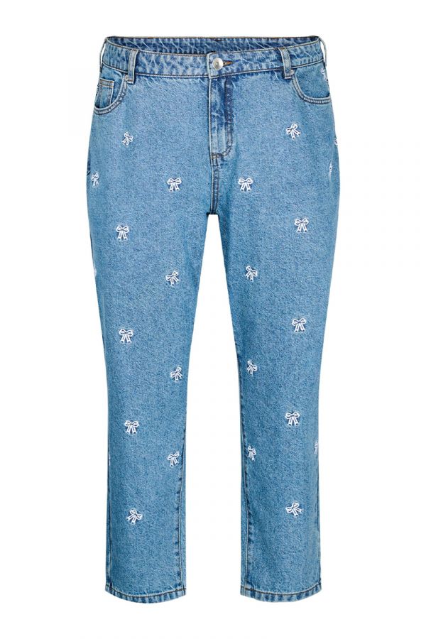 Mom fit jean με κέντημα φιογκάκια σε denim light blue χρώμα