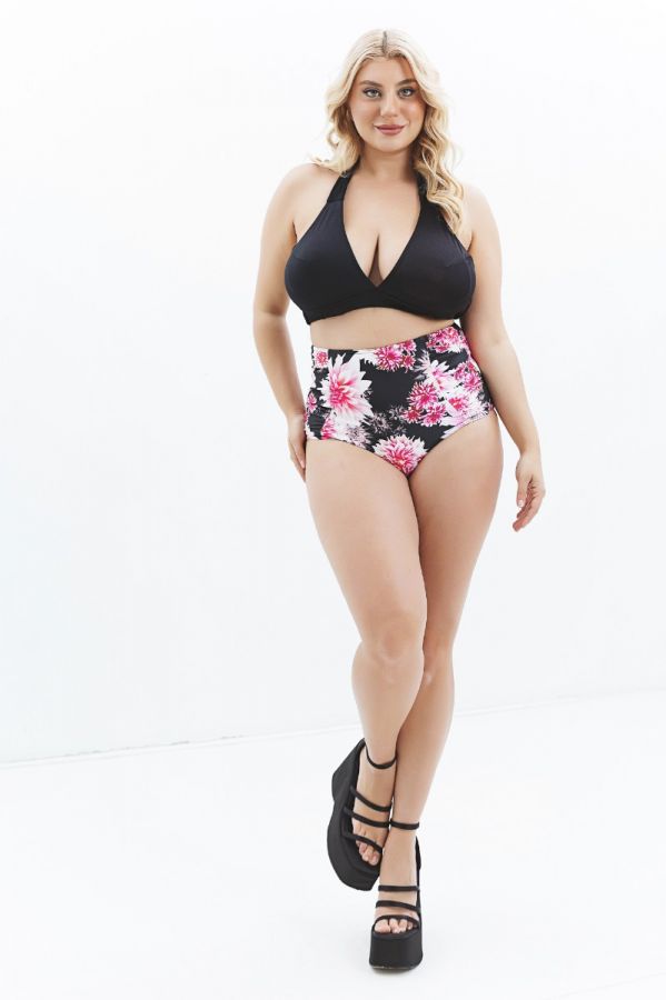 Ψηλόμεσο floral bikini-slip με σούρες σε μαύρο/ροζ χρώμα