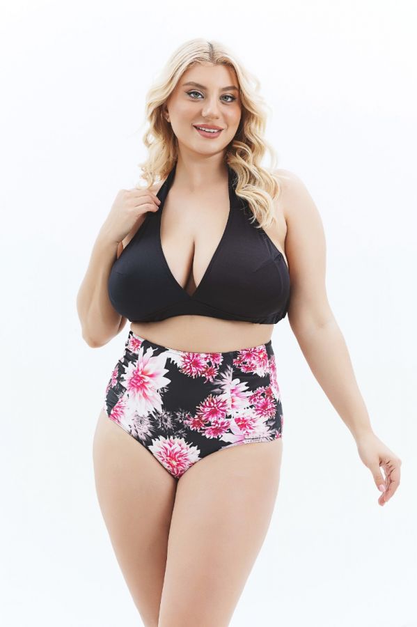 Ψηλόμεσο floral bikini-slip με σούρες σε μαύρο/ροζ χρώμα