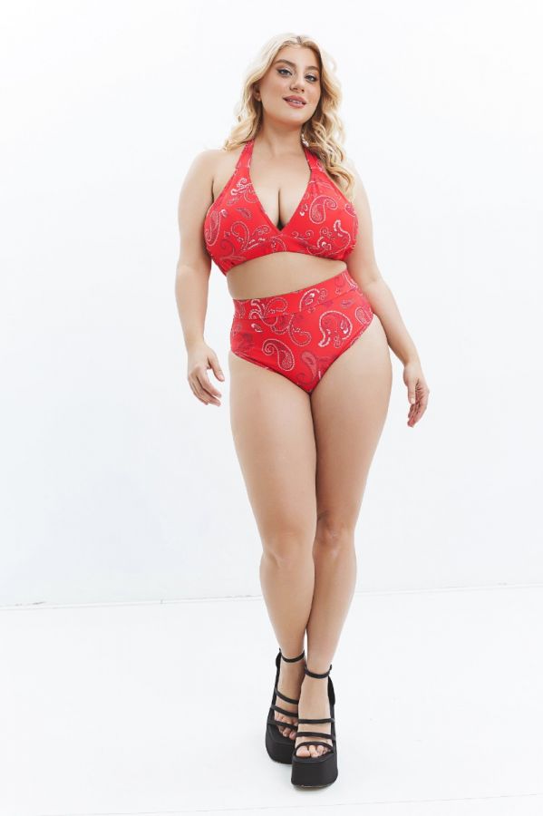 Ψηλόμεσο bikini-slip με λαχούρ σε κόκκινο χρώμα