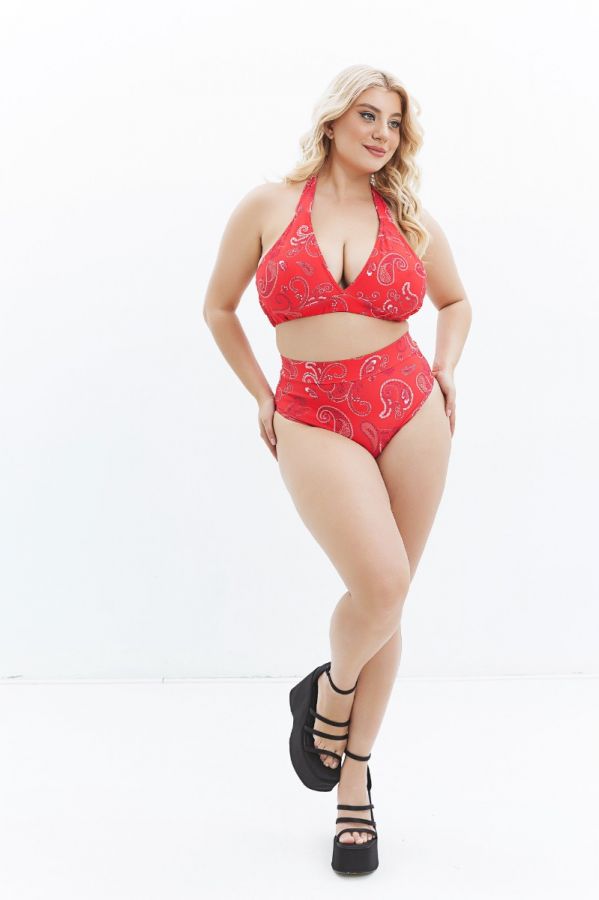 Bikini-top με λαχούρ και δέσιμο στο λαιμό σε κόκκινο χρώμα