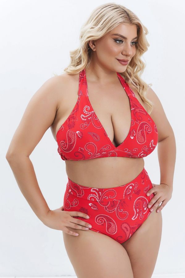 Bikini-top με λαχούρ και δέσιμο στο λαιμό σε κόκκινο χρώμα