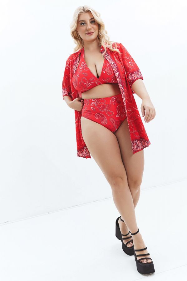 Bikini-top με λαχούρ και δέσιμο στο λαιμό σε κόκκινο χρώμα