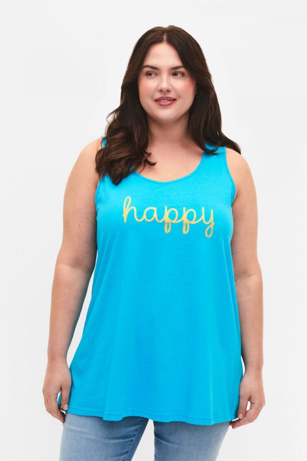 Αμάνικη ελαστική μπλούζα με τύπωμα 'happy' σε τυρκουάζ χρώμα