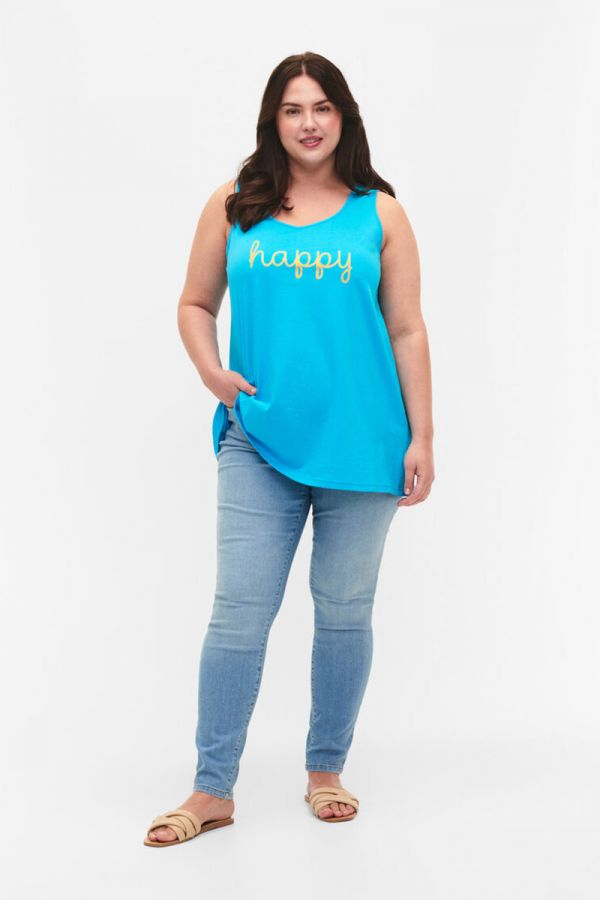 Αμάνικη ελαστική μπλούζα με τύπωμα 'happy' σε τυρκουάζ χρώμα