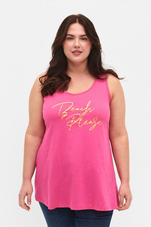 Αμάνικη ελαστική μπλούζα με τύπωμα 'Beach please' σε φουξ χρώμα