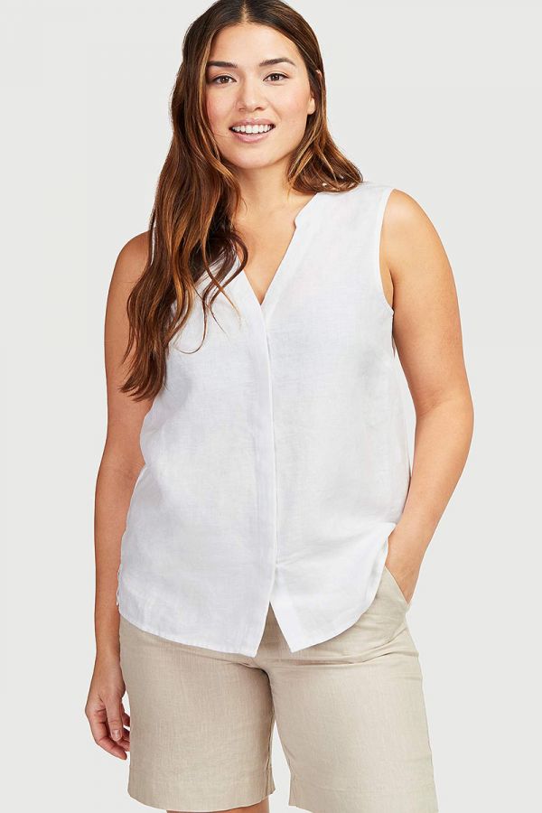 Αμάνικο λινό πουκάμισο με V λαιμόκοψη σε λευκό χρώμα