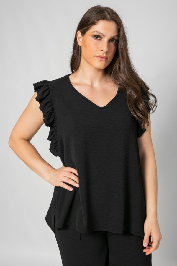 Αμάνικη μπλούζα με βολάν μανίκι σε μαύρο χρώμα