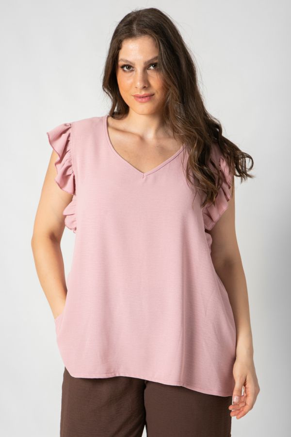 Αμάνικη μπλούζα με βολάν μανίκι σε ροζ χρώμα