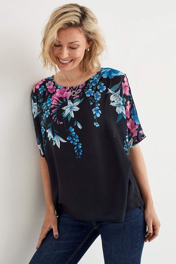 Floral μπλούζα με διπλό ύφασμα σε μαύρο χρώμα 1xl 2xl 3xl 4xl 5xl 