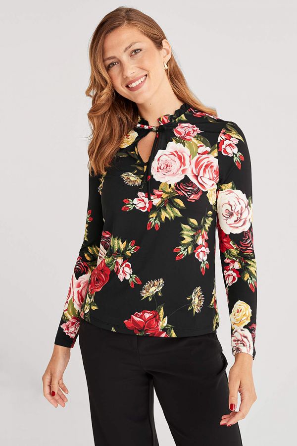 Floral μπλούζα με δέσιμο σε μαύρο χρώμα 1xl,2xl,3xl,4xl,5xl