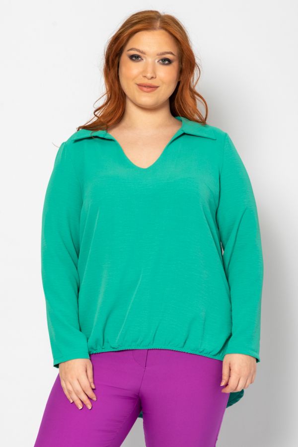Μπλούζα hi-lo με γιακά και λάστιχο μπροστά σε πράσινο χρώμα 1xl 2xl 3xl 4xl 5xl 